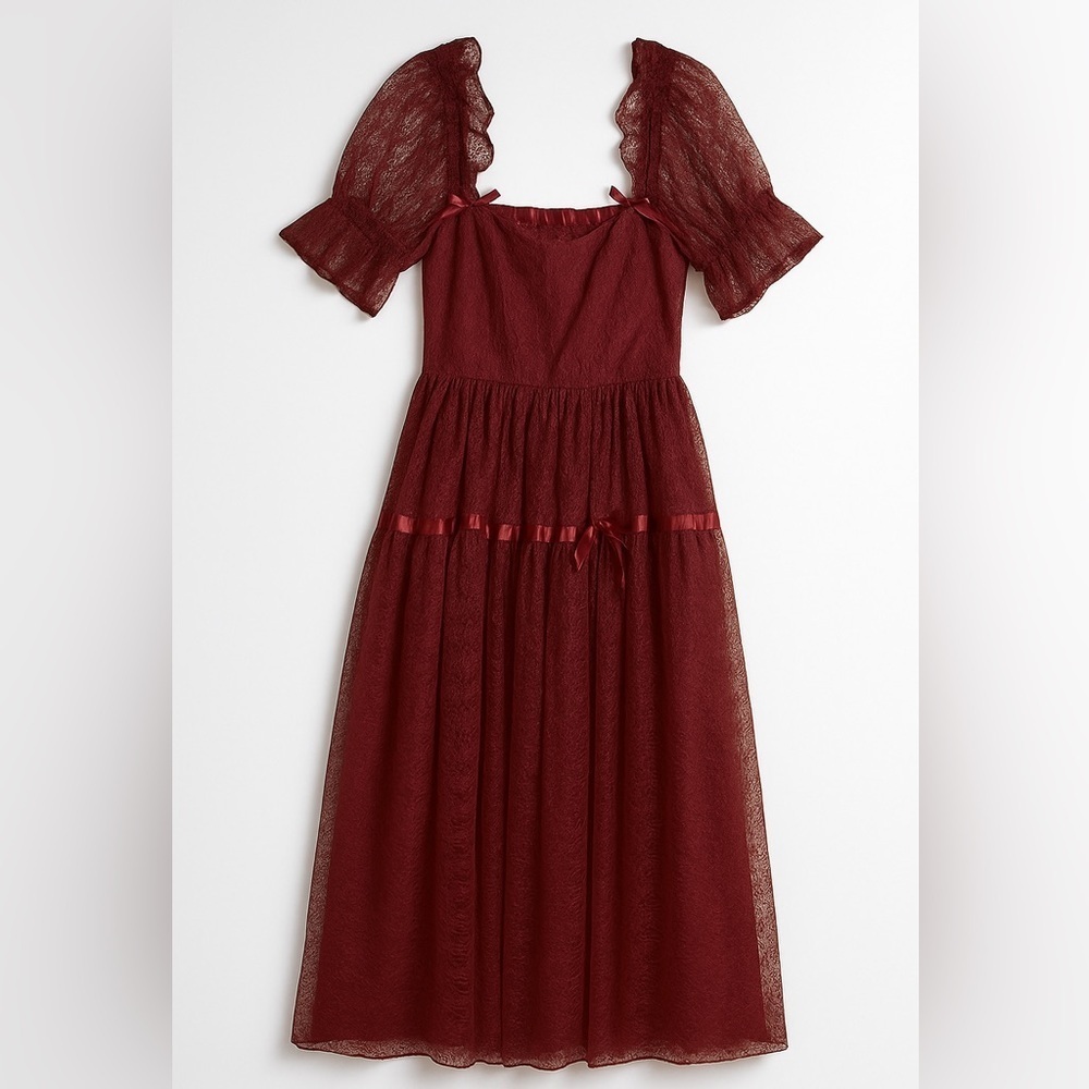 Vintage 70s 80s Crimson Lace Full Sweep Victorian Puff Sleeves Petticoat Gown S - Picture 12 of 17
